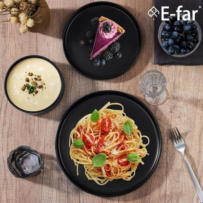 E-far Stoneware Dinnerware Set - 12-Piece Modern Plates & Bowls for 4 | Chip & Scratch Resistant, Matte Black