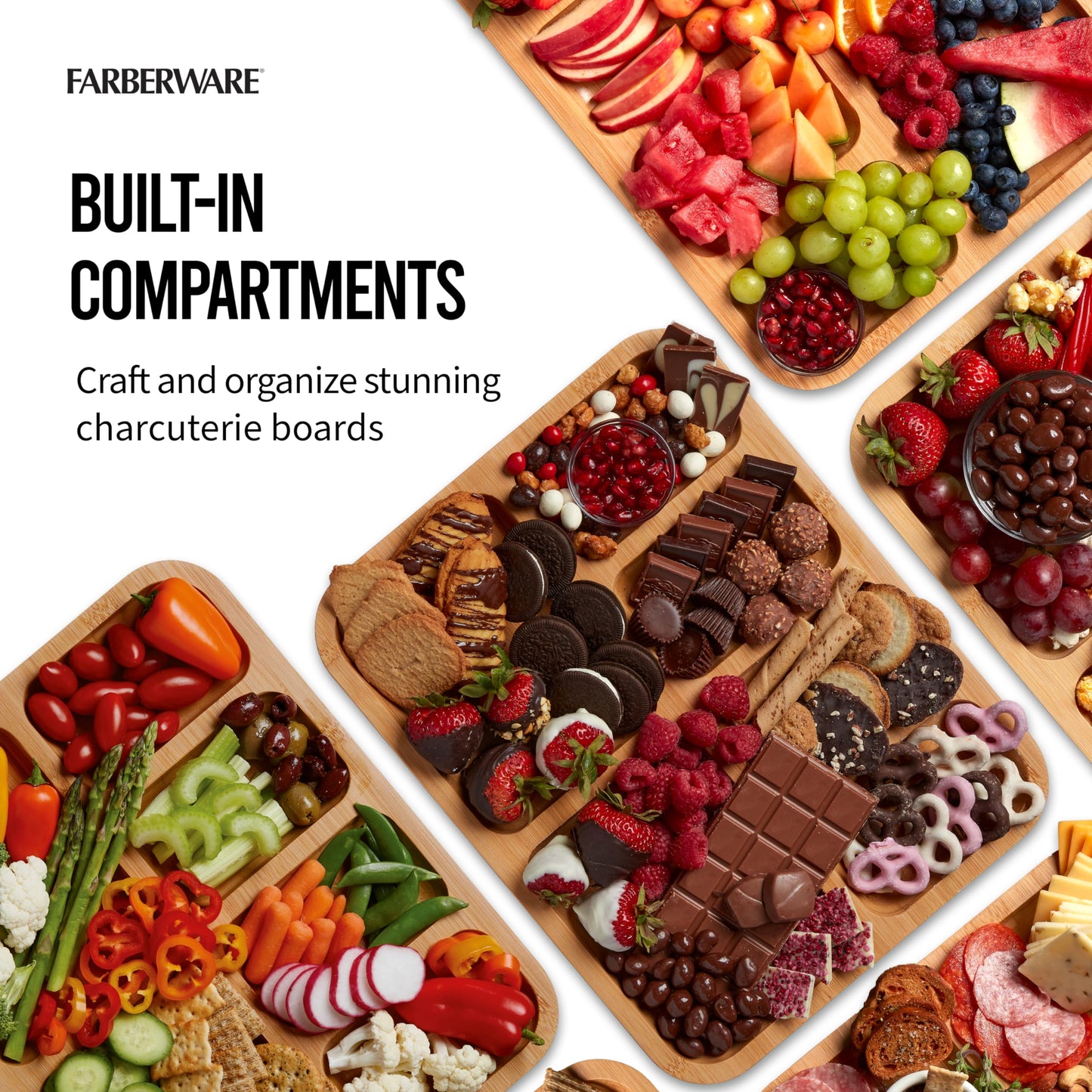 FARBERWARE Build-a-Board Cutting Board with Compartments and Clear Locking Lid for Charcuterie, Snacks, and More-Make it. Take it. Enjoy it, 11x14 Inch, Bamboo