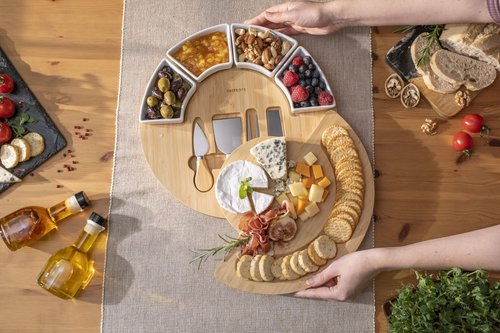 Charcuterie Cheese Board and Platter Set - Made from Bamboo Wood - US Patented 13 inch Cheese Cutting Board and Knife for Entertaining and Serving - 4 Knives - 4 Bowls