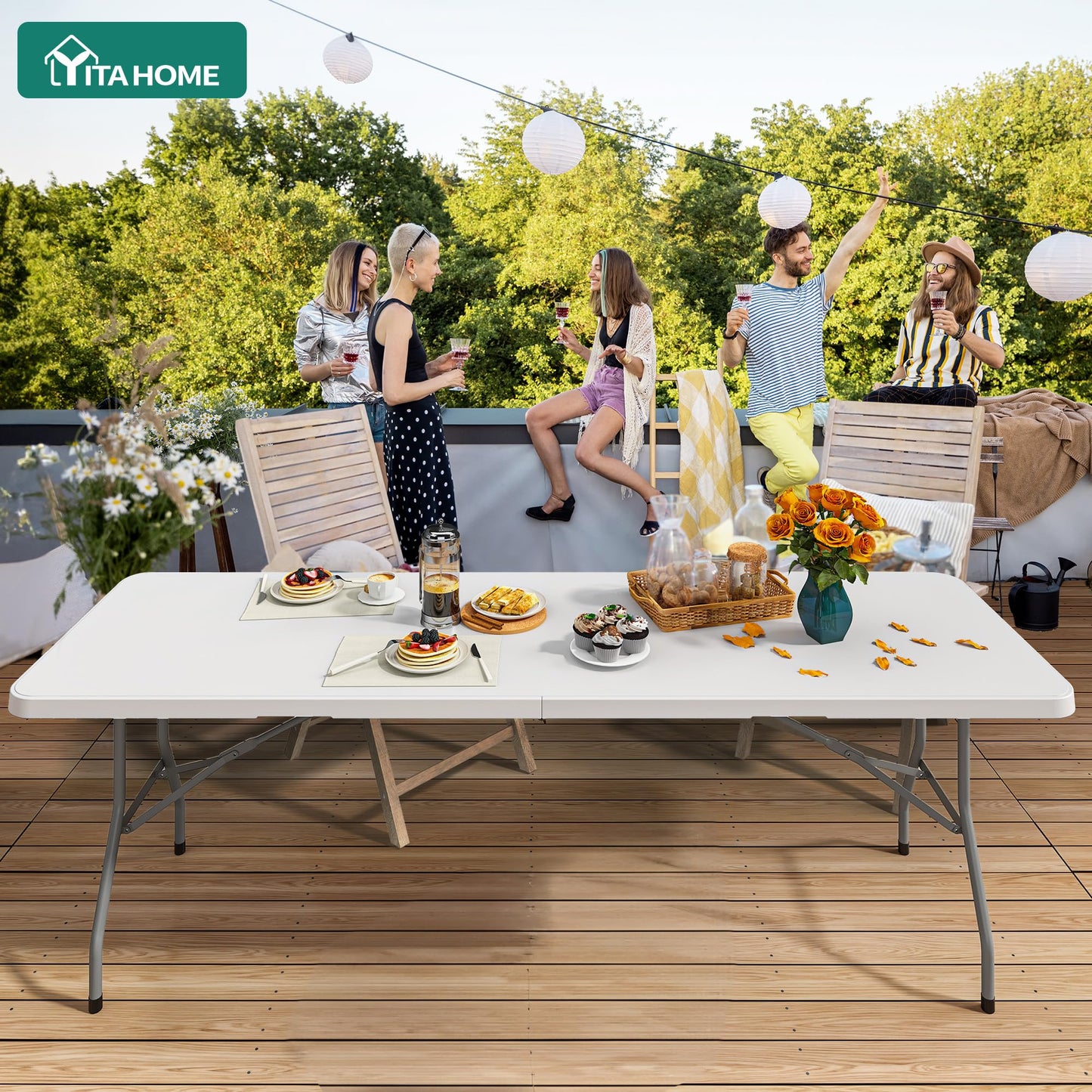 YITAHOME 8FT Folding Tables, Heavy Duty Folding Table with Carrying Handle, Plastic Fold up Table for Outdoor Camping Picnic Parties/Indoor Events, White