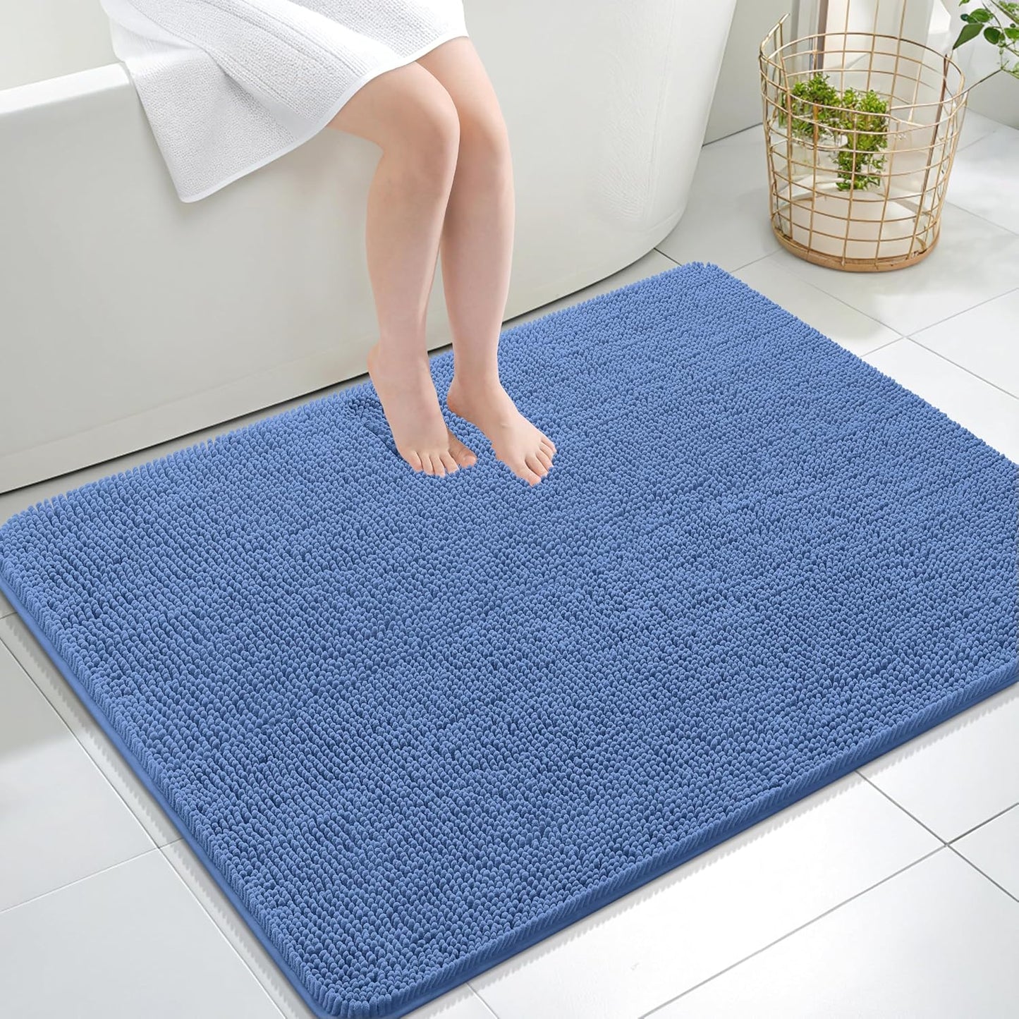 OLANLY Large Bath Rugs - Soft Absorbent Chenille with Quick Dry Rubber Backing | 40x32 Cornflower Blue