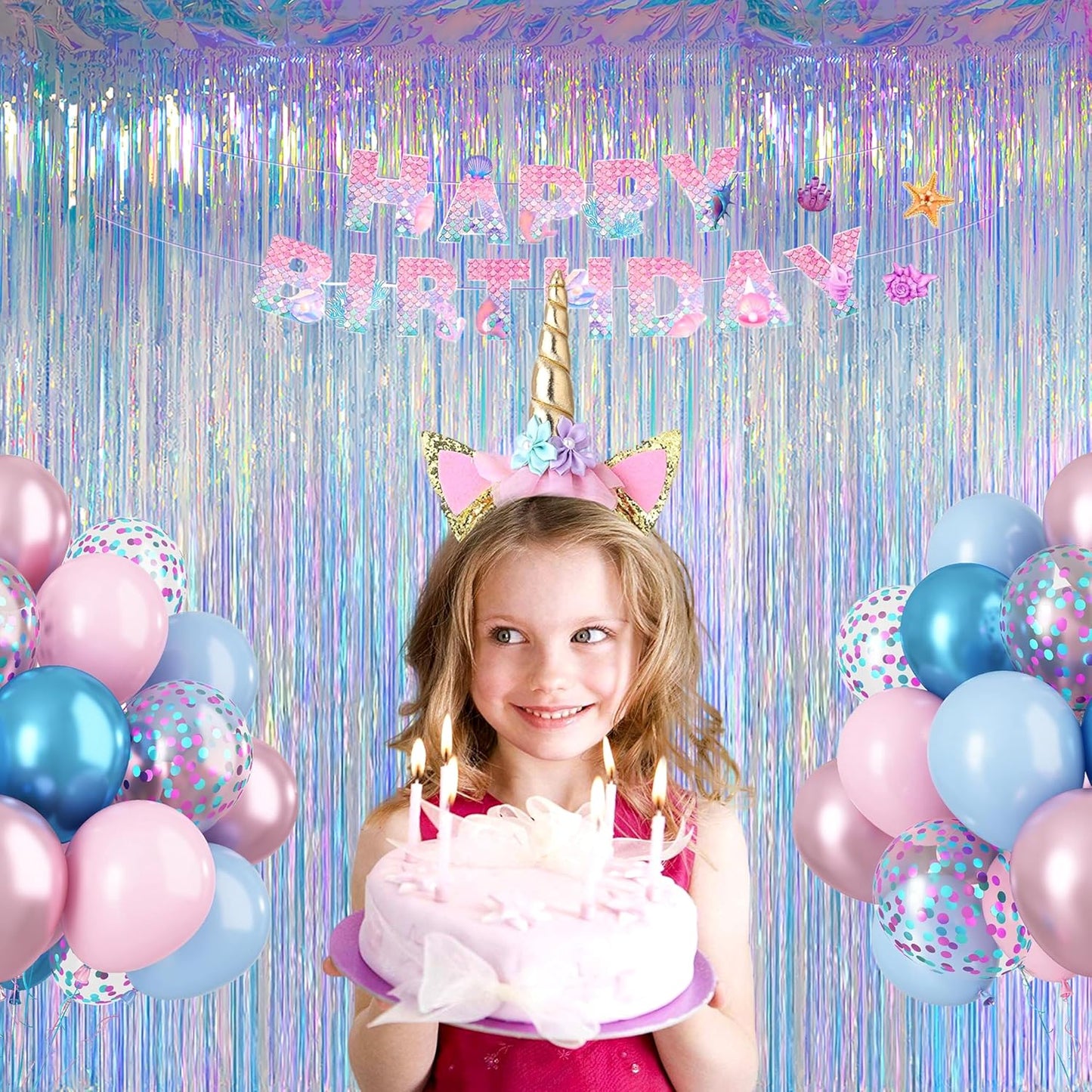 Melsan Iridescent Party Decorations - Holographic Tinsel Foil Fringe Curtain for Mermaid Theme | 2 Packs, 3.2 x 6.56 ft