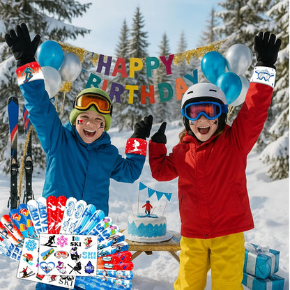 Skiennix Skiing Party Set - 48PCS Fun Winter Sports Supplies | 24 Temporary Tattoos & 24 Slap Bracelets for Kids