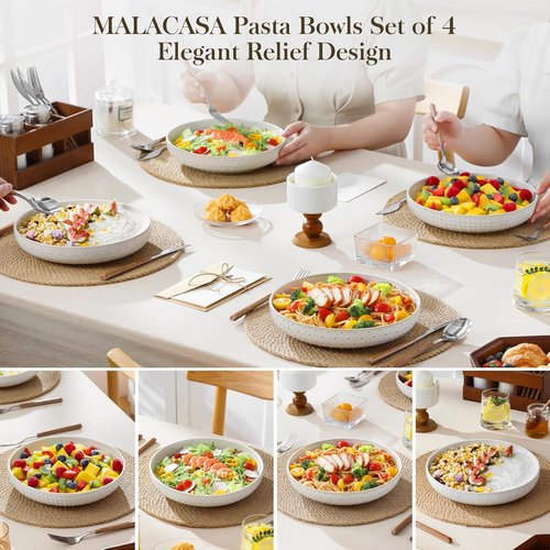 MALACASA Pasta Bowls - 48 Oz Large Ceramic Salad Bowls | Modern Relief Design, Set of 4