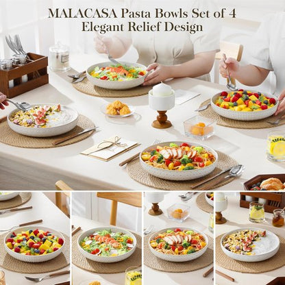 MALACASA Pasta Bowls - 48 Oz Large Ceramic Salad Bowls | Modern Relief Design, Set of 4