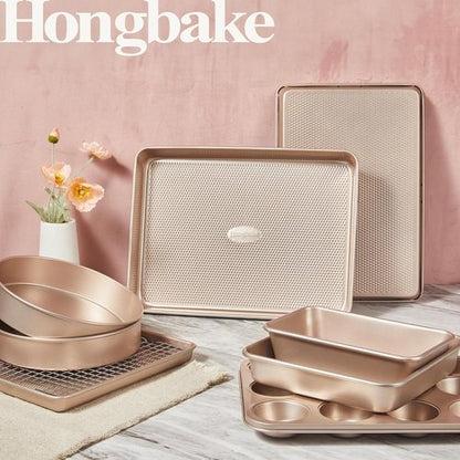 HONGBAKE 9-Piece Nonstick Baking Pans Set - Stackable, Non-Toxic Bakeware with Diamond Texture | Gold Finish