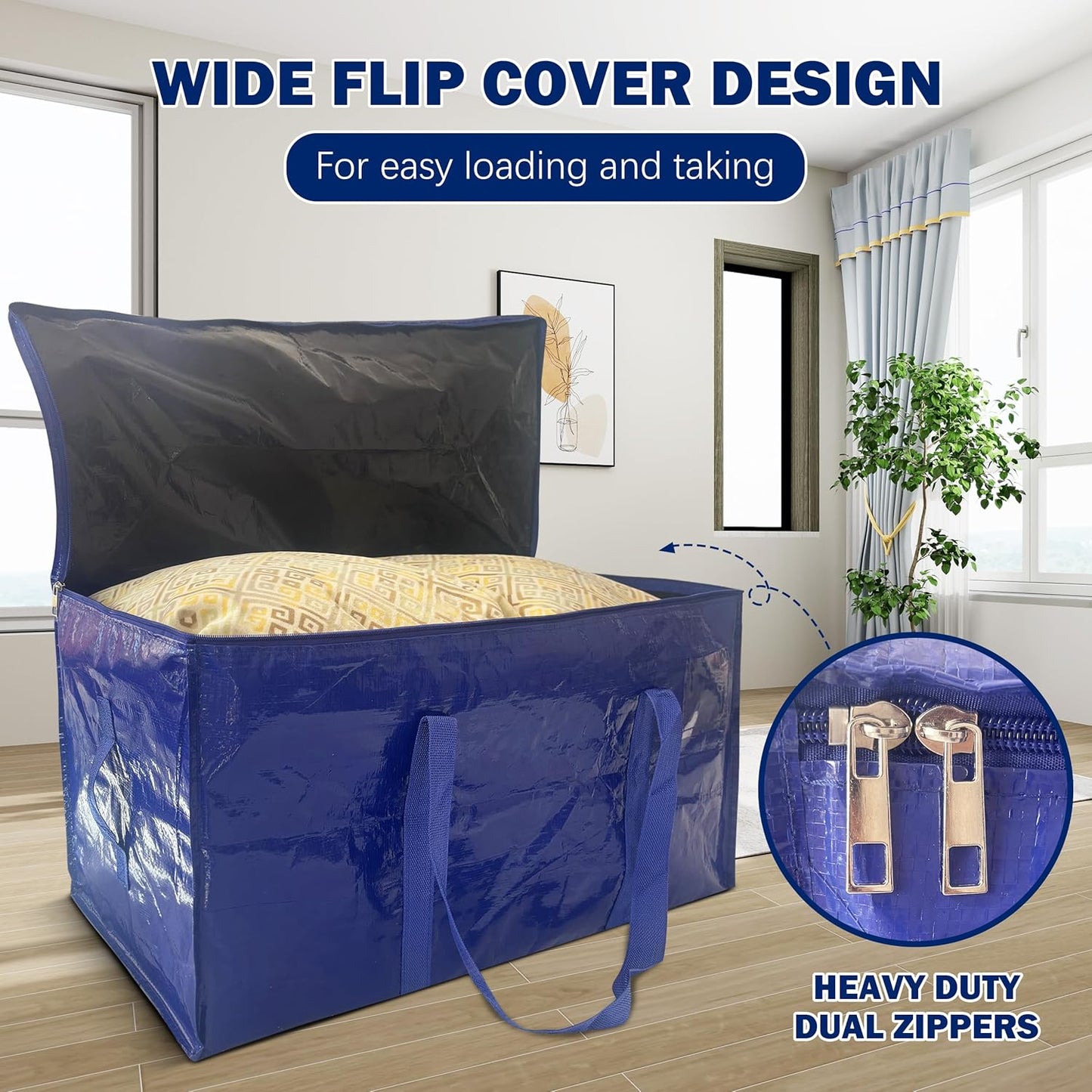 Skiennix Extra Heavy Duty Moving Bags - 12 Pack with Strong Zipper & Handles | 33 Gallon Dark Blue Storage Totes