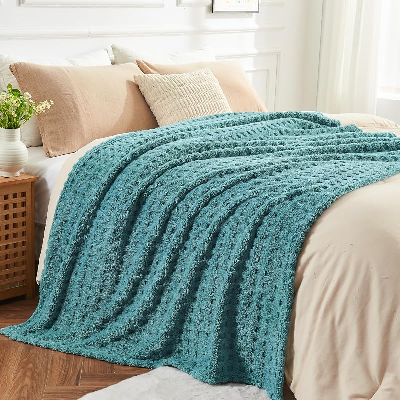 Newcosplay 3D Waffle Checkered Flannel Queen Blanket - Light Teal 90x90