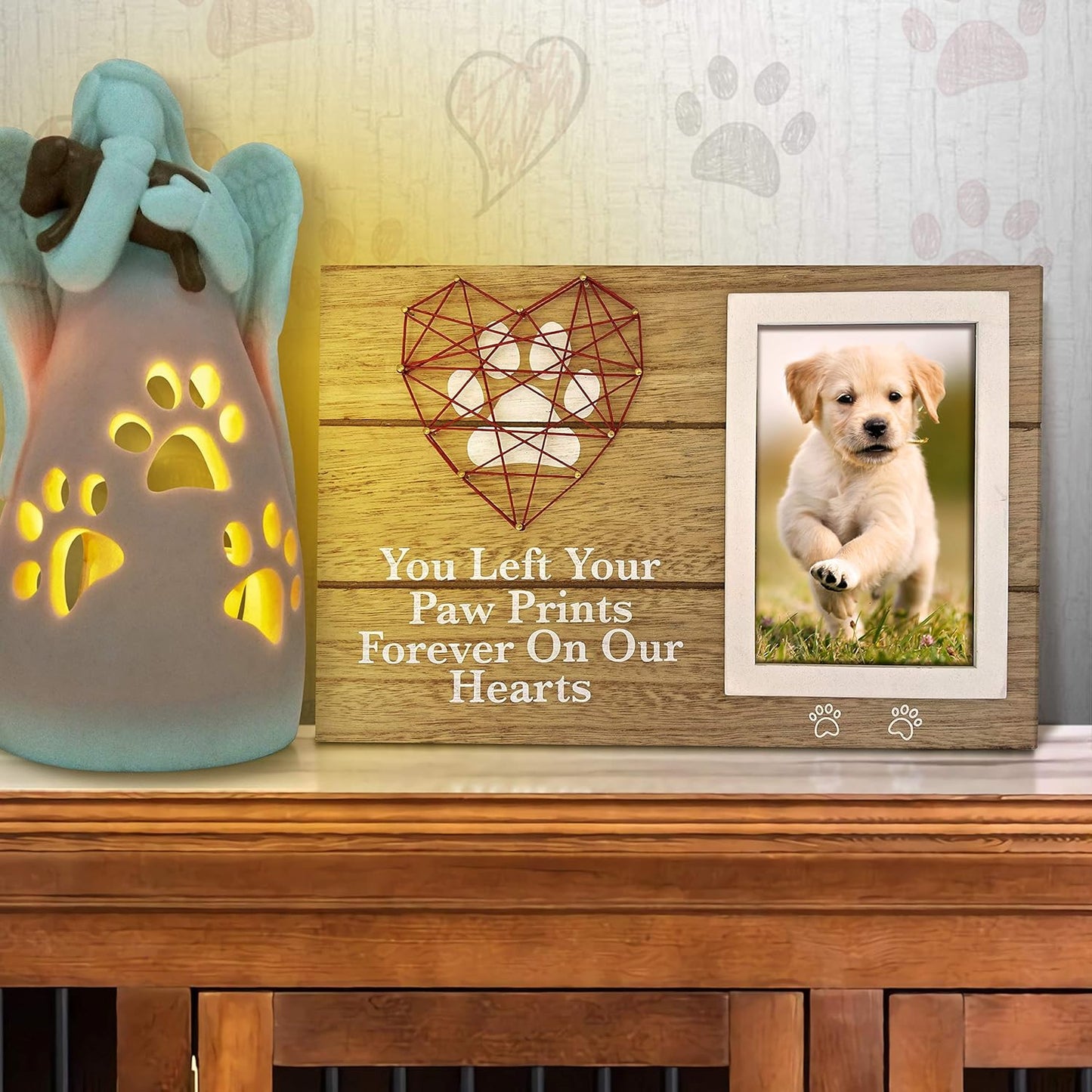 OakiWay Pet Memorial Picture Frame - 4x6 Paw Print Design | Heart Woven Remembrance Gift