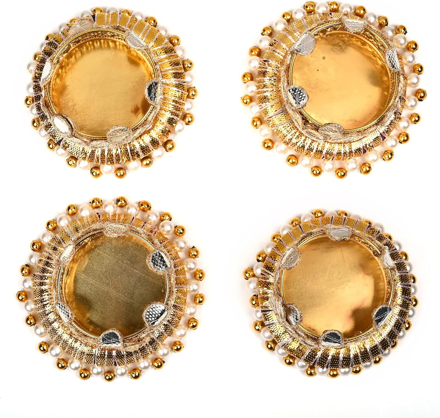 Skiennix Jute Ring Tealight Candle Holders - Set of 4 with Moti Beads | Golden Indian Decor for Weddings & Festivals