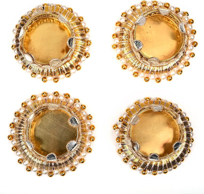 Skiennix Jute Ring Tealight Candle Holders - Set of 4 with Moti Beads | Golden Indian Decor for Weddings & Festivals