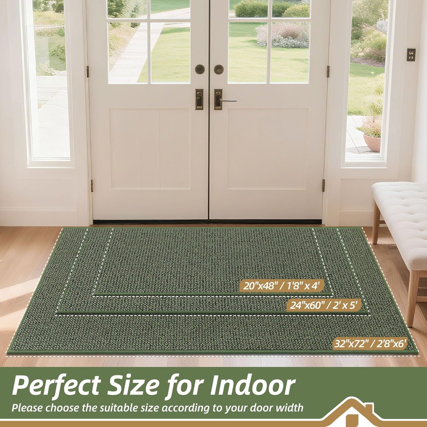 BEQHAUSE Dirt Trapper Door Mat - Non-Slip, Washable, Absorbent Entrance Mat | 32" x 72", Green