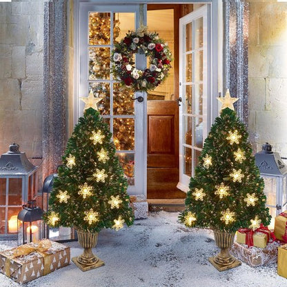 Juegoal Pre-Lit Artificial Christmas Trees - 3 FT Lighted Green Fiber Optic Entrance Trees | 8 Lighting Modes, Gold Urn Base