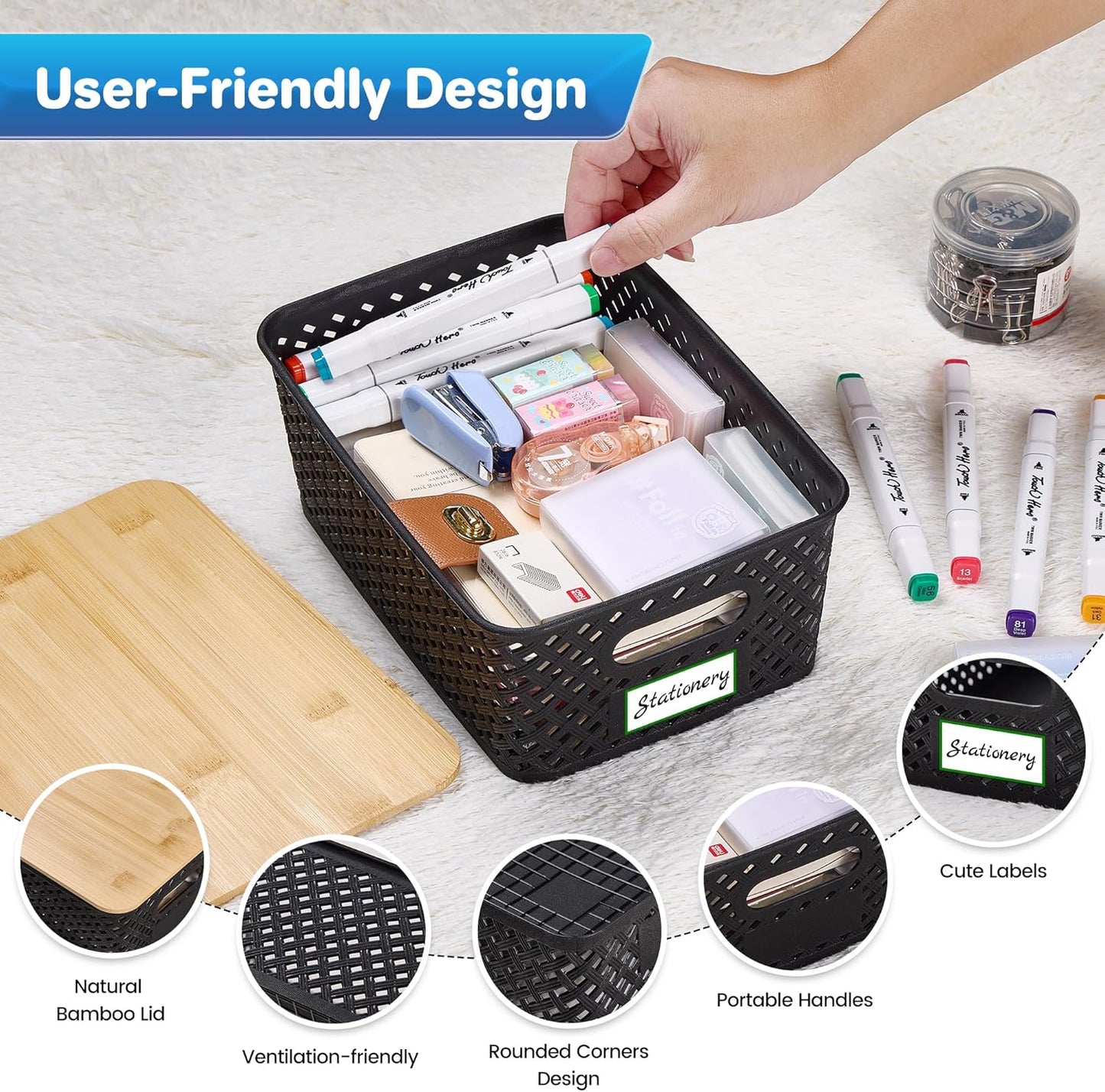 Anysig Plastic Storage Bins - 8 Pack Stackable Bins with Bamboo Lids for Organizing | Black