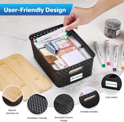 Anysig Plastic Storage Bins - 8 Pack Stackable Bins with Bamboo Lids for Organizing | Black