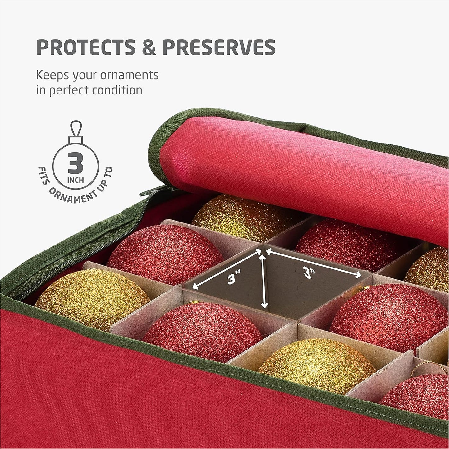 ZOBER Christmas Ornament Storage Box - Holds 120 Ornaments with Dividers - Durable Tear-Proof 600D Oxford Fabric - Red