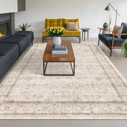 Hazo Haus Washable Ivory Living Room Rug - 8x10 Non-Slip Area Rug for Bedroom & Dining Room Decor