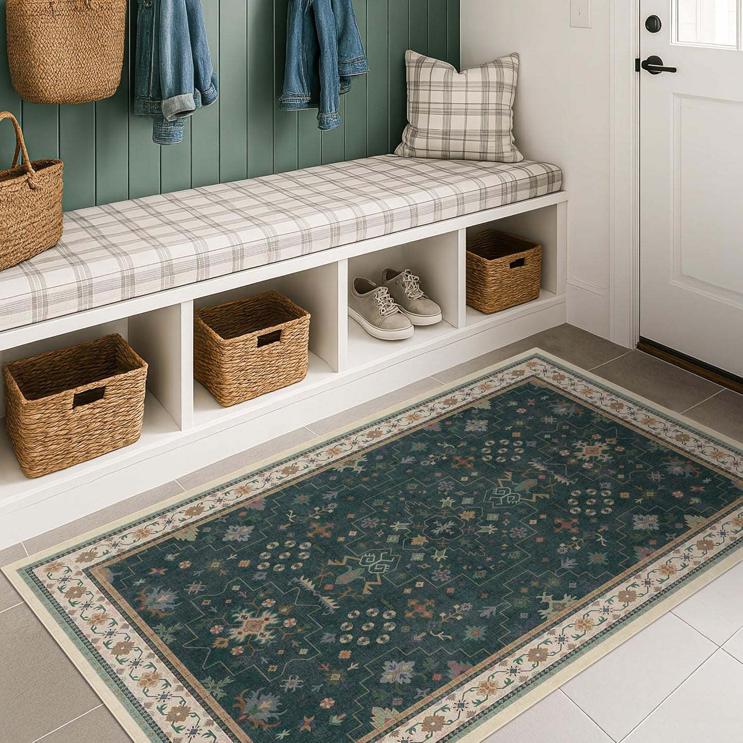 Oushak Dark Green 3x6 Kitchen Rug - Modern Vintage Boho Floral Design, Washable Non-Slip Area Rug for Entryway & Bedroom