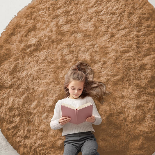 OLANLY Round Khaki Area Rug - Soft, Fluffy, Machine Washable 7 ft Circle Carpet for Bedroom & Living Room Decor