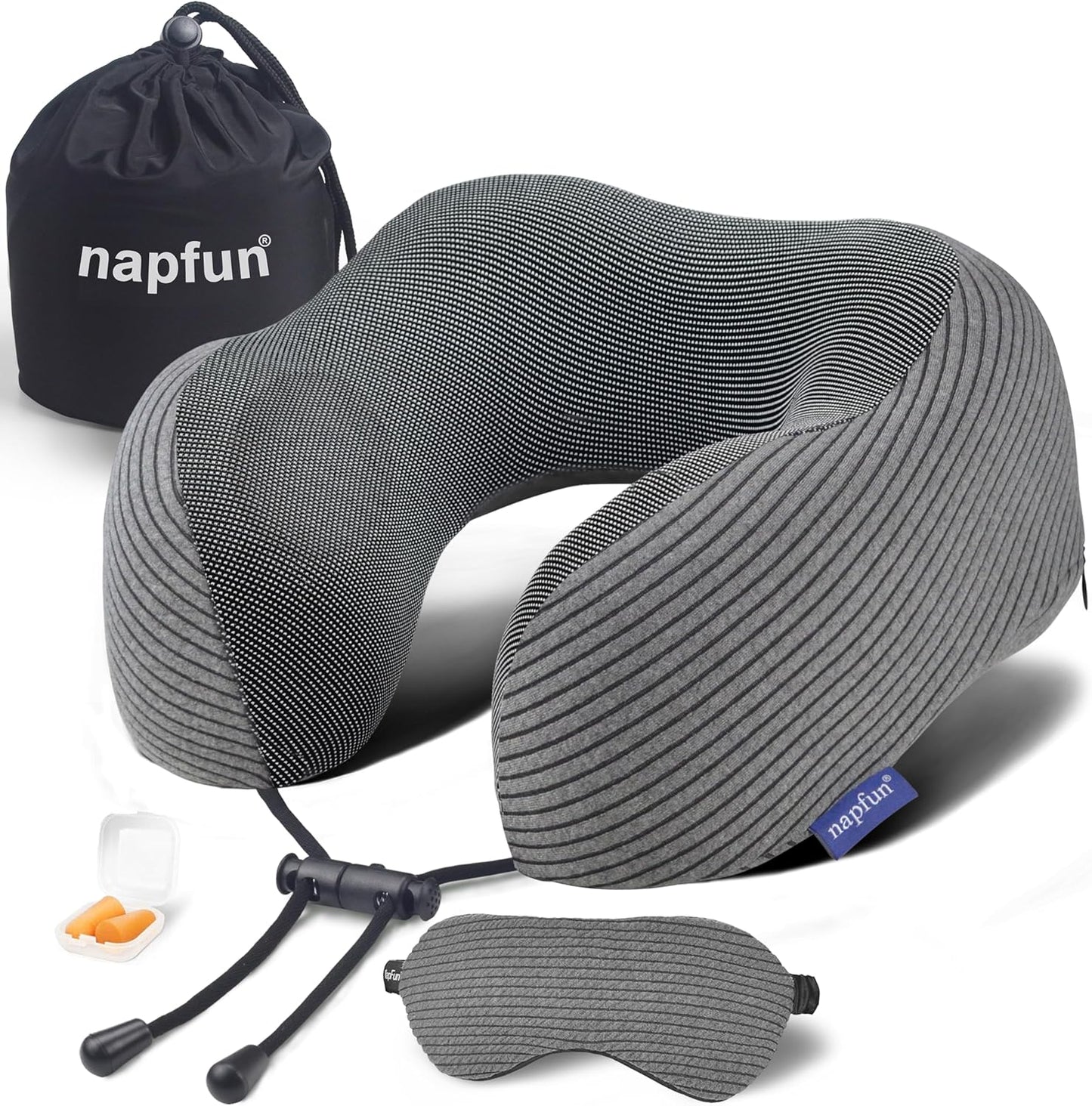 Napfun Neck Pillow - Memory Foam Travel Pillow with Sleep Mask & Earplugs | Dark Gray Striped Kit