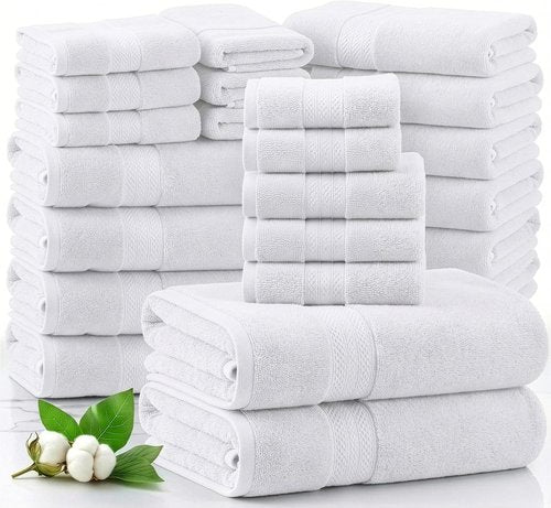 LANE LINEN 100% Cotton Towel Set - Soft, Absorbent & Durable | 24-Piece Hotel Quality in White