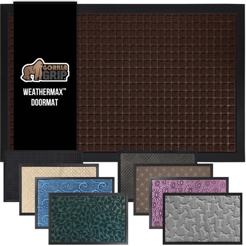 GORILLA GRIP 100% Waterproof All-Season WeatherMAX Doormat, 72x24, US Designed Natural Rubber, Stain and Fade Resistant, Low Profile Indoor Outdoor Door Mats, Easy Clean Patio Mat, Coffee Squares