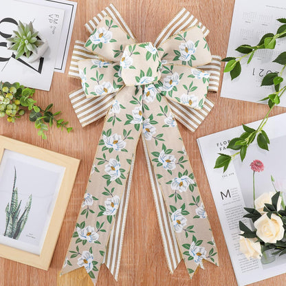 Whaline Spring Magnolia Wreath - Rustic Wired Edge Bow | Large 11 x 21 Inch Floral Decor for Home & Parties