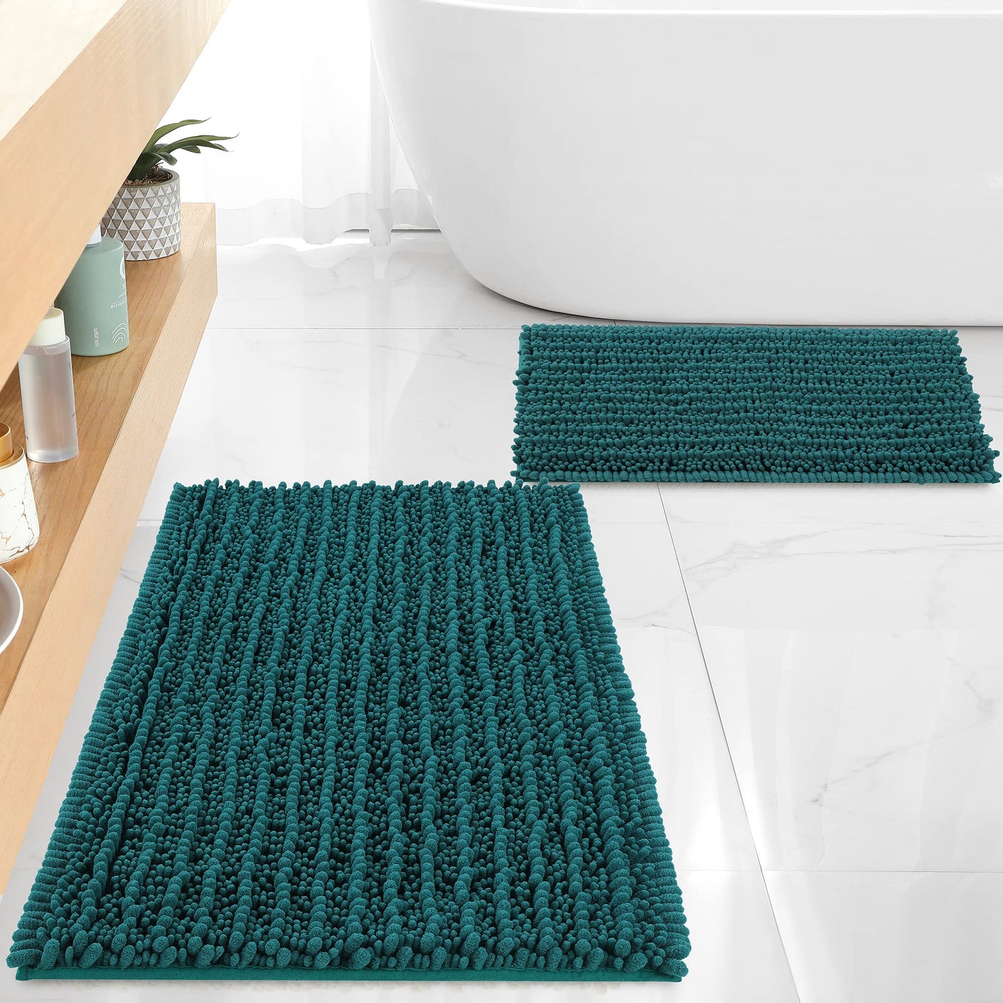 FLOLEOPA Luxury Chenille Teal Green Bathroom Rugs Bath Mats Sets, Extra Soft and Absorbent Bathroom Rugs Non Skid Machine Wash Dry Bath Mats（32"x20" Plus 17"x24"）
