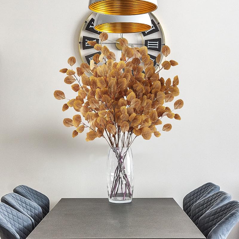 Fall Eucalyptus Leaves Stems – 6 Pcs Artificial Silk Silvery Dollar Leaves , Dark Yellow Variation