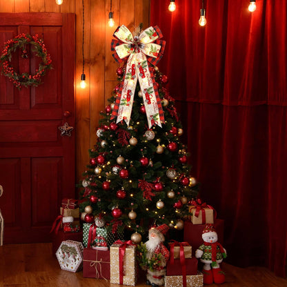 Regine Switzerland Christmas Tree Topper Bow - 30 LED Lights, 13”x25” Large Red Black Buffalo Plaid Rustic Decor