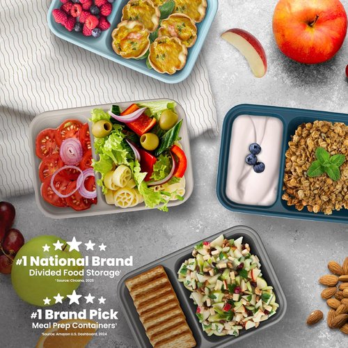 Bentgo Prep - 2-Compartment Snack Containers | Reusable, Microwaveable, BPA-Free - 10 Deep Teal Trays & Lids