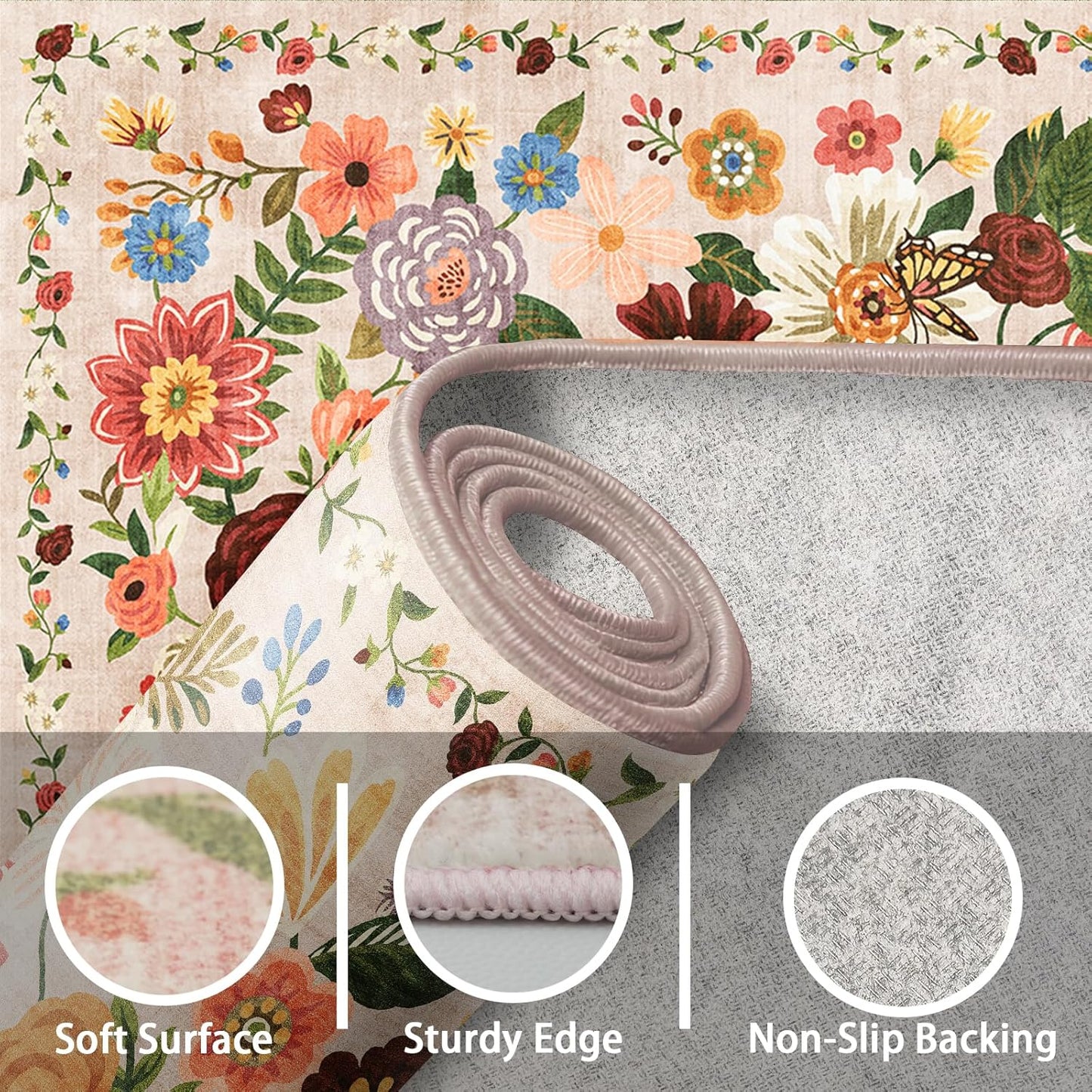 Skiennix Runner Rug - Non-Slip Washable Floral Carpet for Hallways & Kitchens | 2x6 Feet, Beige