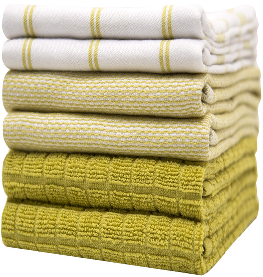 Premium Kitchen Towels (20”x 28”, 6 Pack) – Large Cotton Kitchen Hand Towels – Flat & Terry Towel – Highly Absorbent Tea Towels Set with Hanging Loop (Lime Green Check)