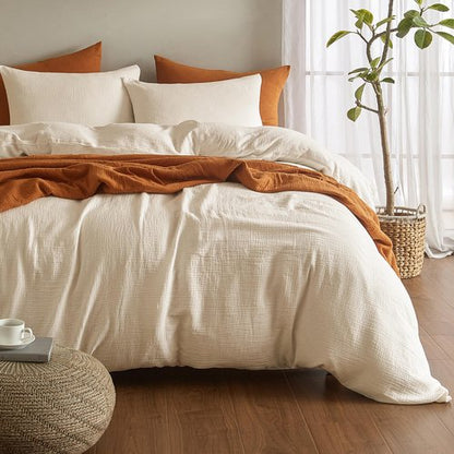 SE SOFTEXLY Muslin Duvet Cover Queen Size, 100% Washed Cotton Duvet Cover Set, Ultra Soft Comforter Cover Linen Like, 3 Pieces Minimalist Gauze Duvet Cover with 2 Pillowcases, 90"x90", Off-White