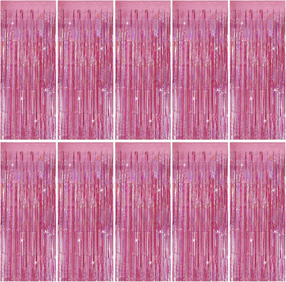 Skiennix Tinsel Curtain Backdrop - Pink Glitter Foil Fringe for Birthday, Wedding & Party Decor | 10 Packs