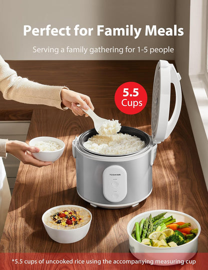 TOSHIBA 5.5 Cup Rice Cooker & Steamer - Removable Non-Stick Pot, One-Touch Function, Silver White