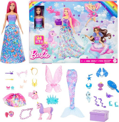 Barbie Advent Calendar - Doll with 24 Surprise Accessories, Transform into Mermaid & Fairy