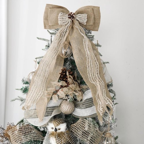 Burlap Christmas Tree Topper Bow - 13 Inch Natural Rustic Jute Wreath with Pine Cone | Holiday Home Decor