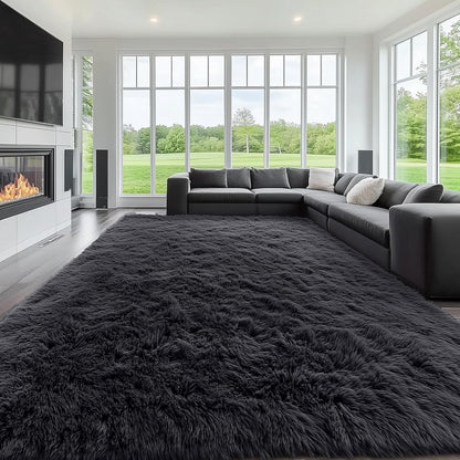 OLANLY Large Area Rug - Soft Fluffy Shaggy Carpet for Living Room & Bedroom | 9x12 ft, Black