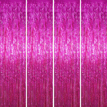 Voircoloria Pink Foil Fringe Backdrop Curtains - 4 Pack Tinsel Streamers for Parties & Events