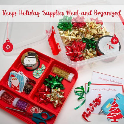 Gift Supply Storage Box by Simplify - 5 Compartment Design with Clear Top Lid | 2-Tier Red Box | 9.5” x 9.5” x 4.5”