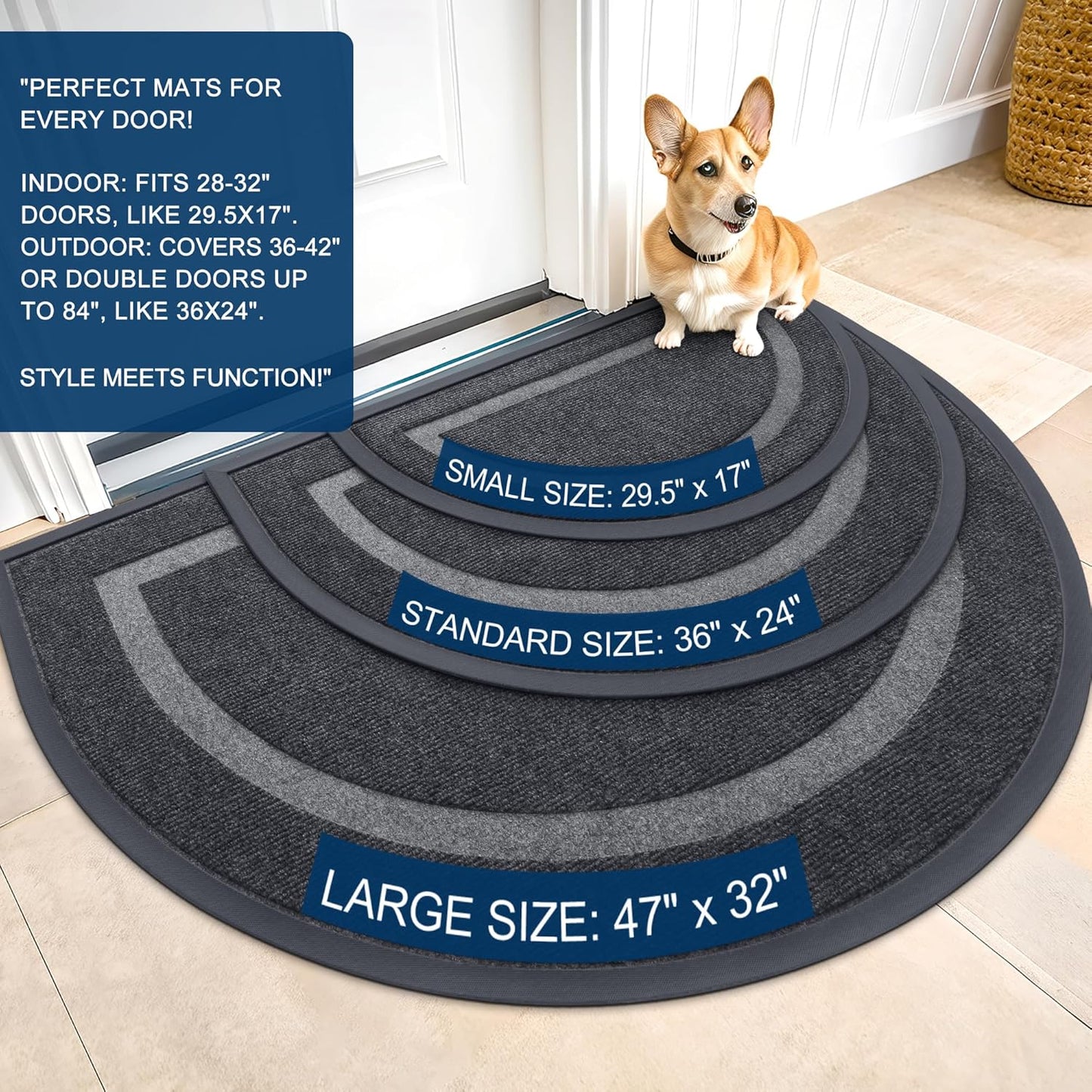 OLANLY Half Circle Door Mat - Waterproof All-Season Doormat for Indoor/Outdoor Use | 47x32, Grey