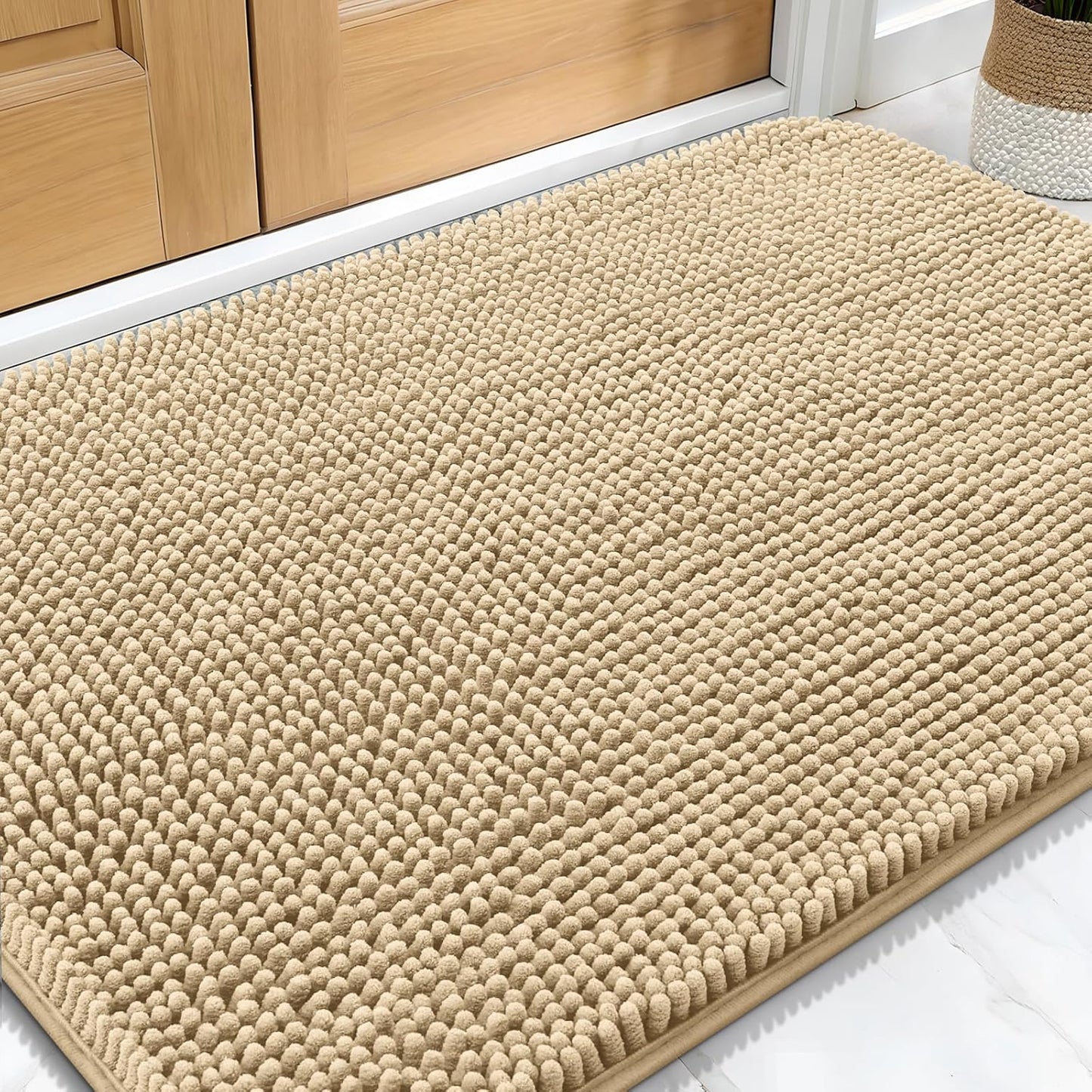 OLANLY Dog Door Mat - Absorbent Non-Slip Chenille for Muddy Paws | 32x20 Beige Indoor Entryway Carpet