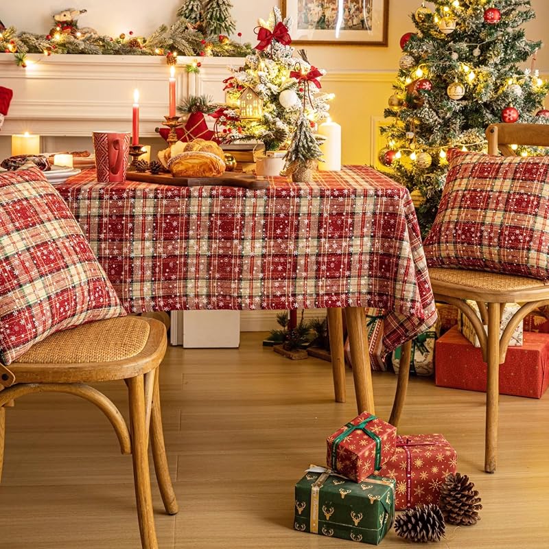 Red Plaid Snowflake Christmas Tablecloth 60" x 104" – Rectangular (Variation: Red Plaid Snowflake+60" x 104")