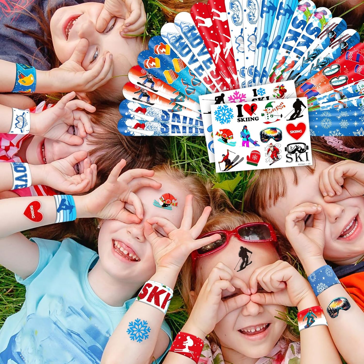 Skiennix Skiing Party Set - 48PCS Fun Winter Sports Supplies | 24 Temporary Tattoos & 24 Slap Bracelets for Kids