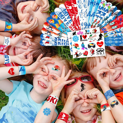Skiennix Skiing Party Set - 48PCS Fun Winter Sports Supplies | 24 Temporary Tattoos & 24 Slap Bracelets for Kids