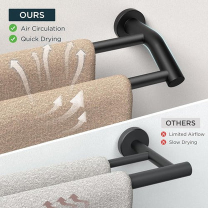 FORIOUS Double Towel Bar - 24 Inch Heavy Duty SUS304 Stainless Steel | Matte Black Space-Saving Design