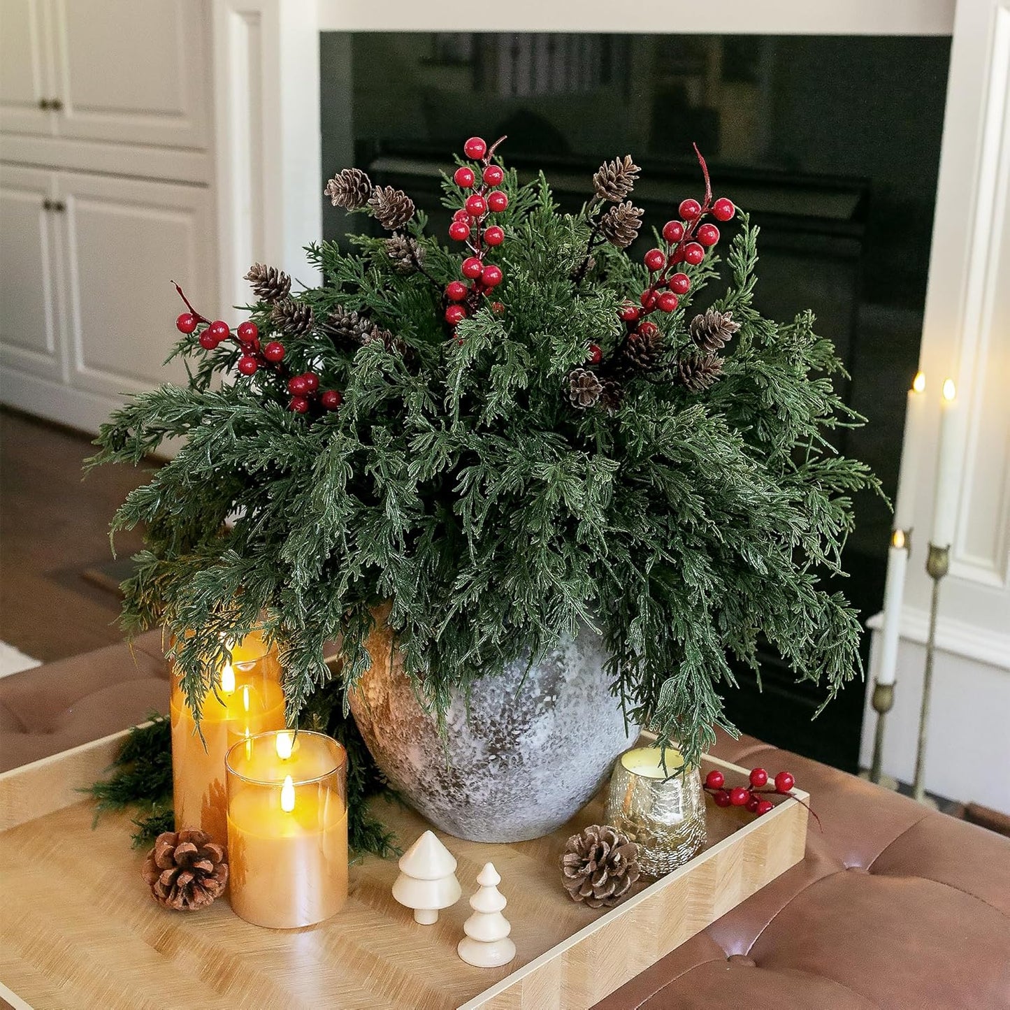 Skiennix Faux Cedar Stems - 17 PCS Artificial Norfolk Pine Branches with Pinecones & Red Berries for Christmas Decor