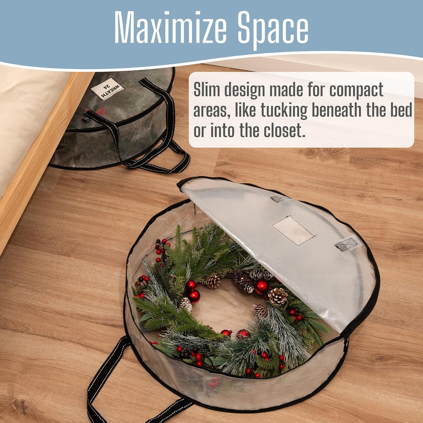 VENO Wreath Storage Container - 24 Inch Heavy Duty Clear Bag with Wall Hanging Handles | 2 Pack