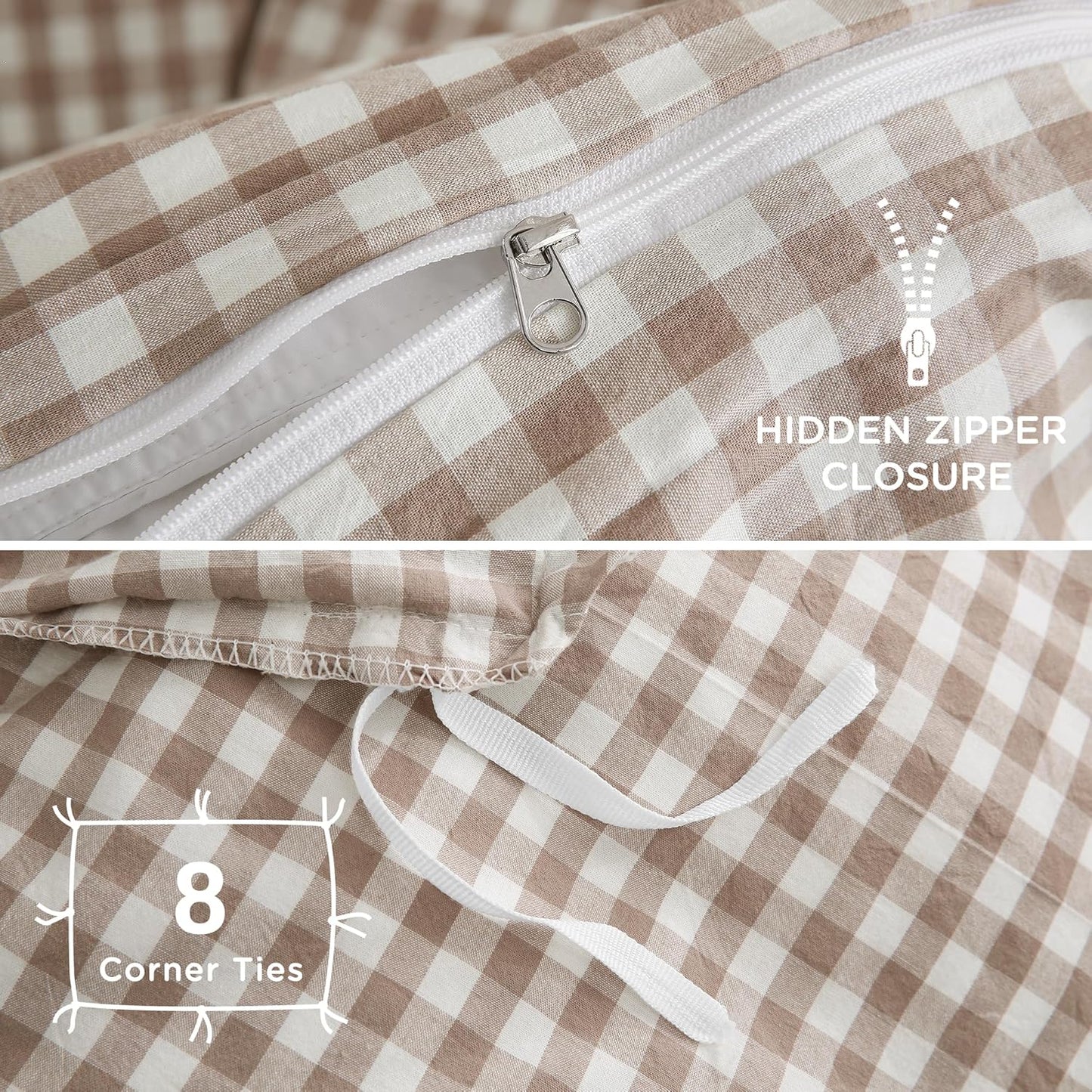 TOCOMOA Tan Gingham Duvet Cover Set - 100% Washed Cotton, Super Soft & Comfy | Queen Size (90"x90")